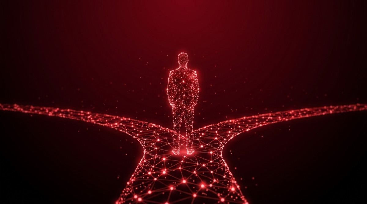 Abstracte weergave in het huisrood: een menselijke figuur, opgebouwd uit een netwerk van lichtpunten, staat stil op een splitsing van twee paden.